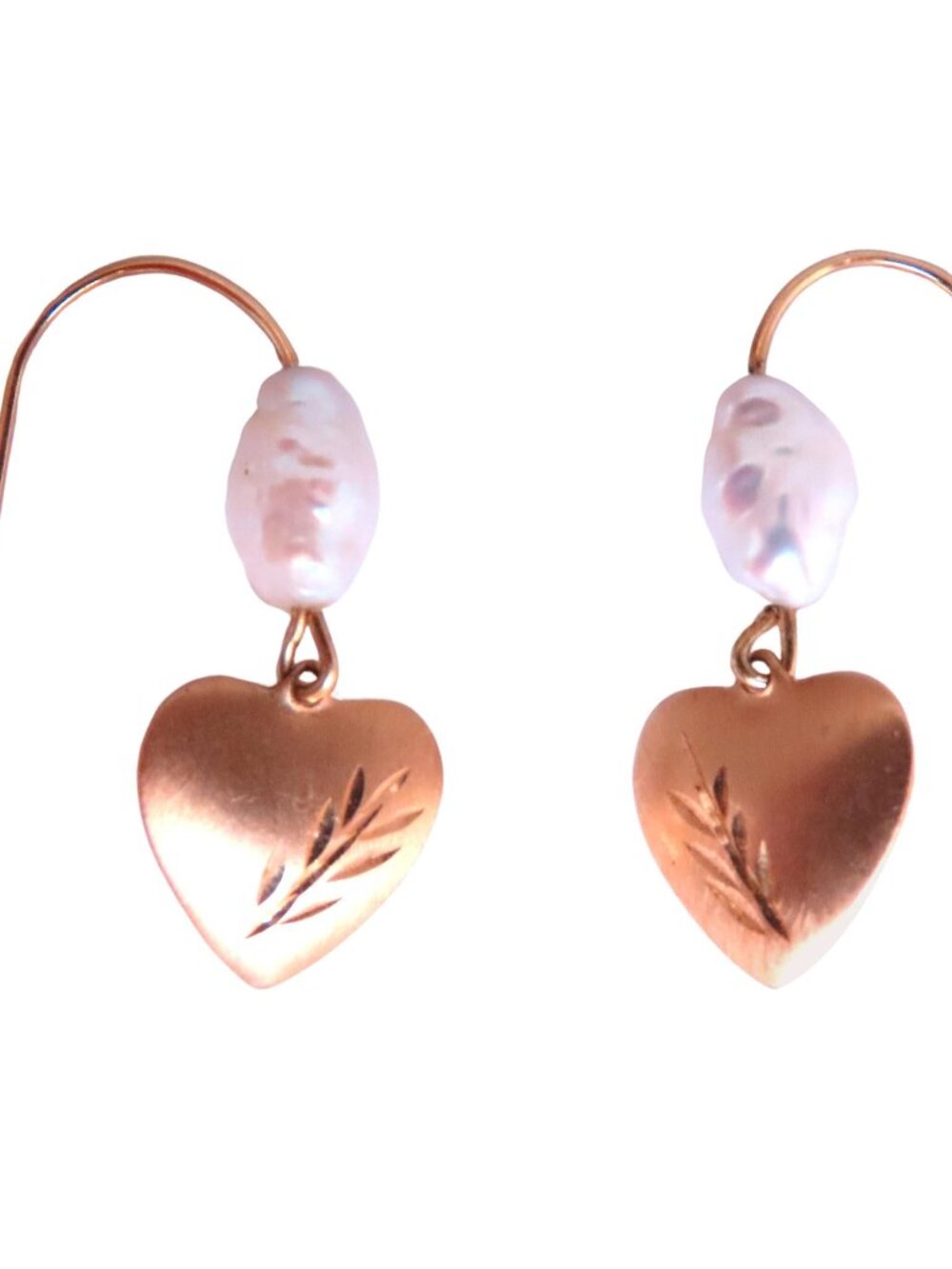 Rice Pearl And Heart Dangle Wire Earrings 14kt Gold Intricate*